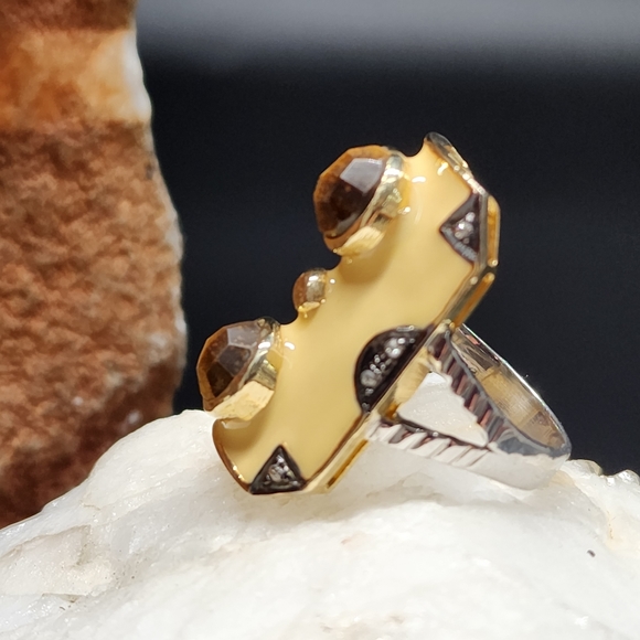Solid Sterling Silver 925/18k Gold Massive Ring Raw Diamond/Tiger Eye Stone - Picture 6 of 12